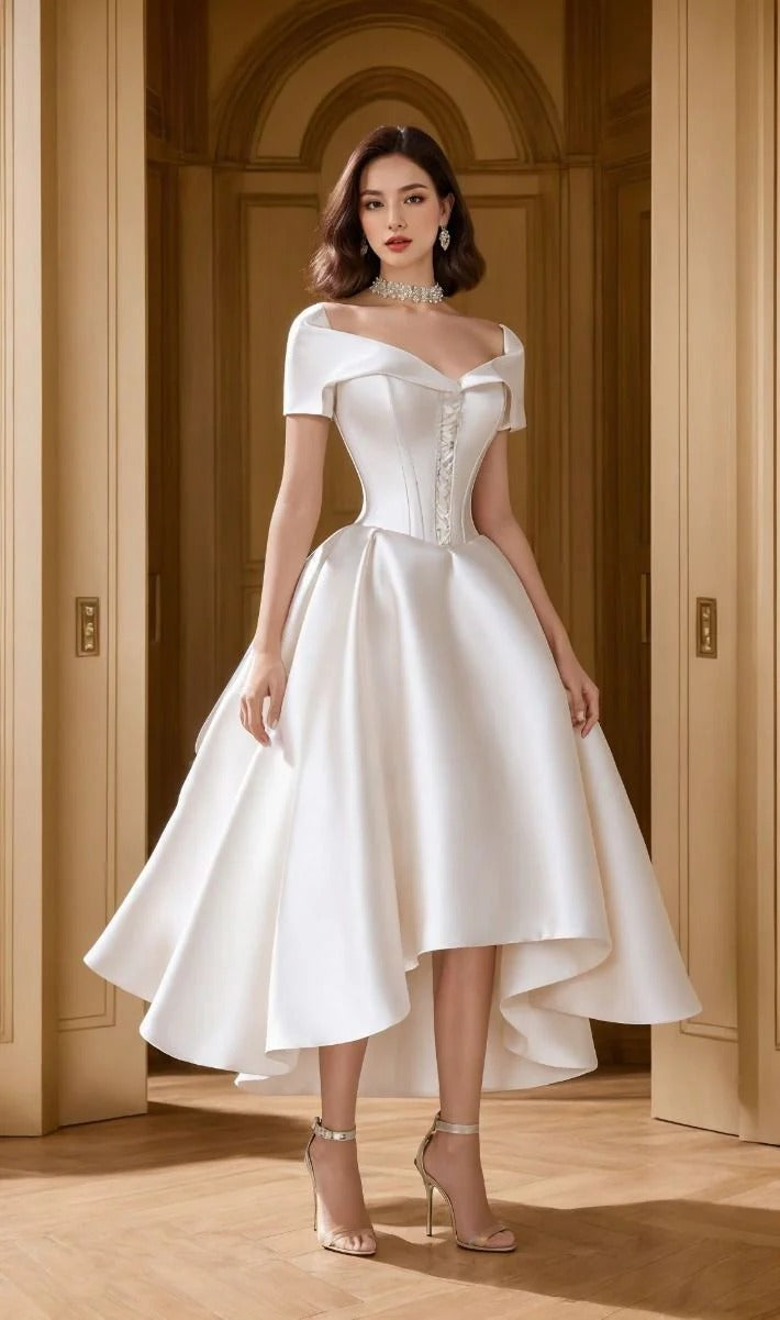 Ivory Satin Off-The-Shoulder Corset High-Low Midi Dress