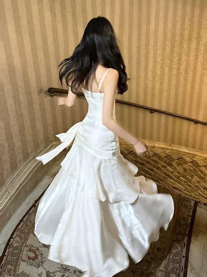 Ivory Satin Ruffle Mermaid Gown with Side Sash