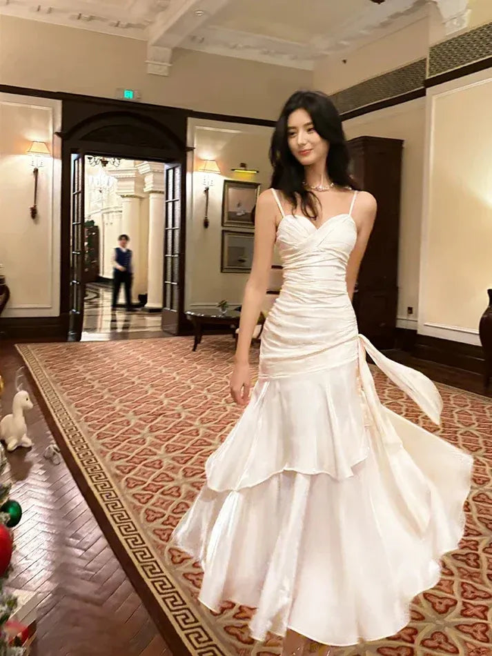 Ivory Satin Ruffle Mermaid Gown with Side Sash