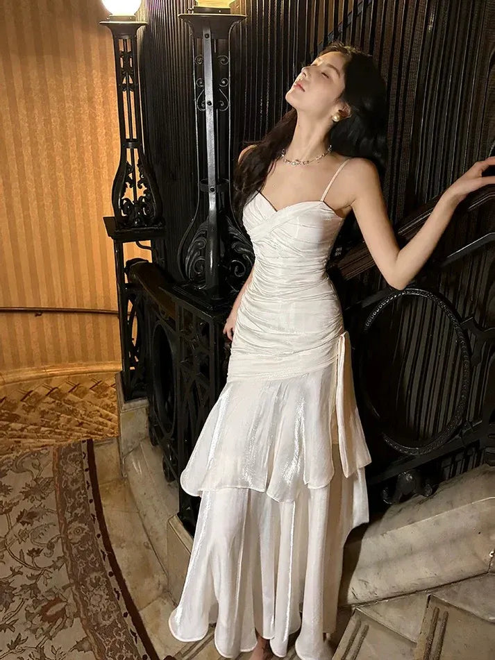 Ivory Satin Ruffle Mermaid Gown with Side Sash