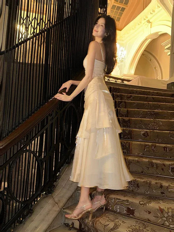Ivory Satin Ruffle Mermaid Gown with Side Sash