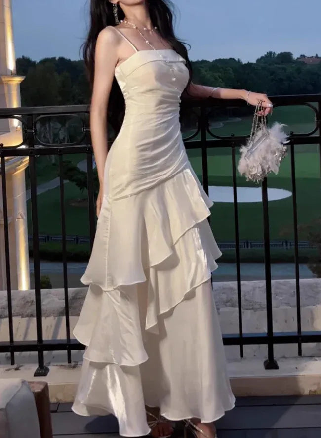 Ivory Satin Ruffled Mermaid Gown – Spaghetti Strap Ruched Formal Evening Dress