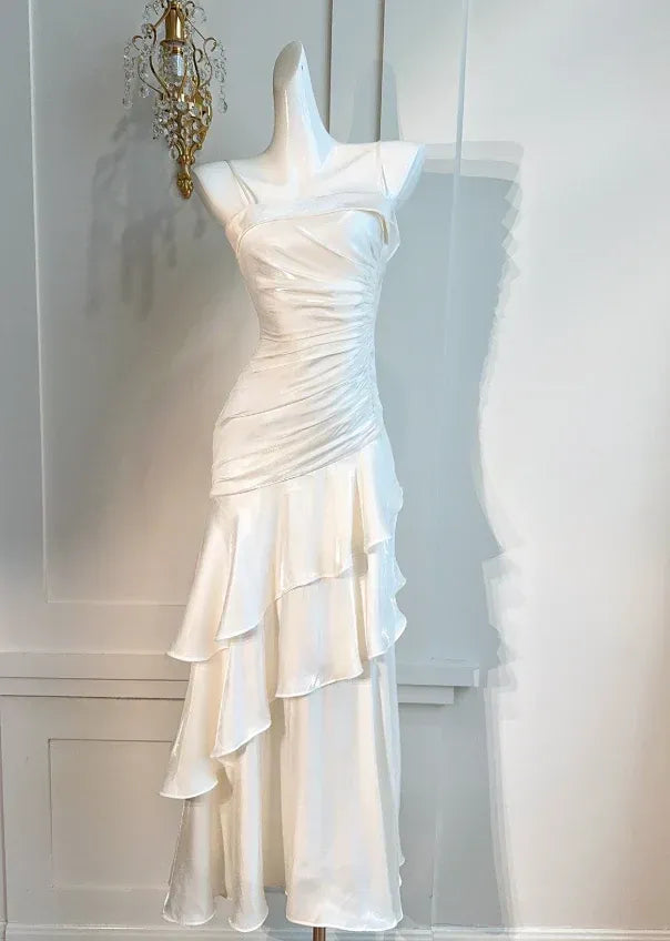 Ivory Satin Ruffled Mermaid Gown – Spaghetti Strap Ruched Formal Evening Dress