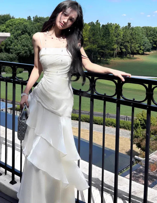 Ivory Satin Ruffled Mermaid Gown – Spaghetti Strap Ruched Formal Evening Dress