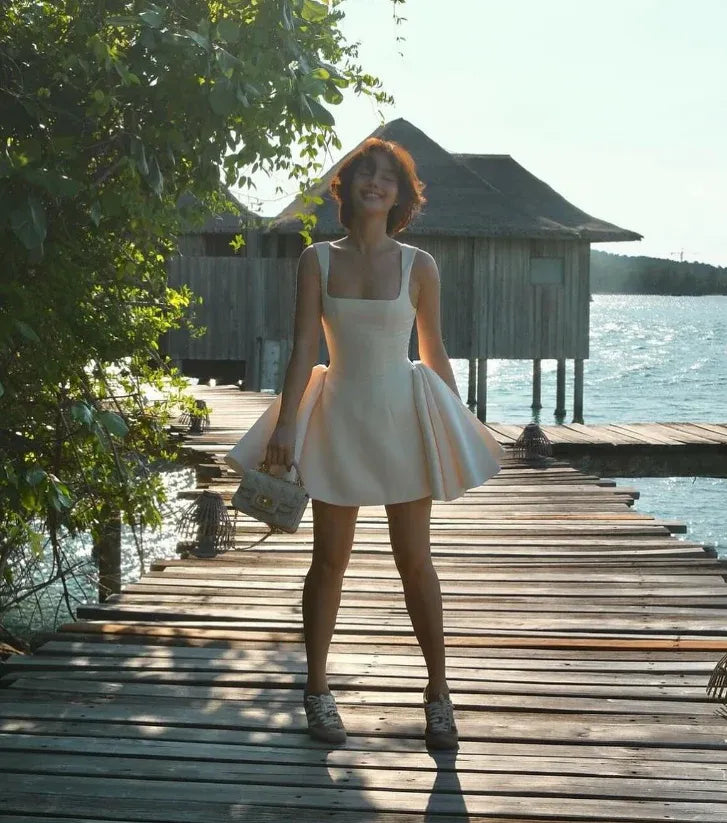 Ivory Satin Square-Neck Fit-and-Flare Mini Dress
