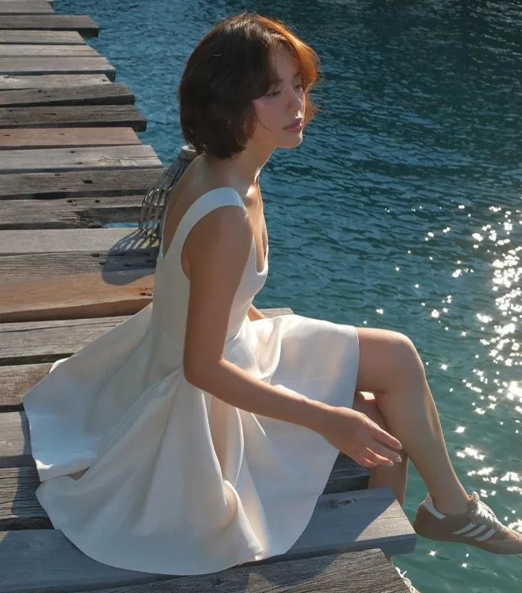 Ivory Satin Square-Neck Fit-and-Flare Mini Dress