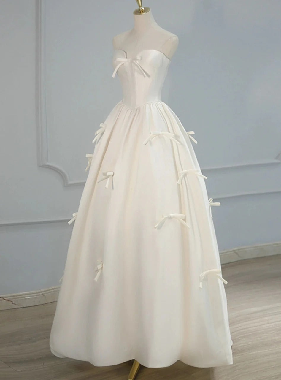 Ivory Satin Strapless Bow Ball Gown – Sweetheart Corset A-Line Formal Wedding Prom Dress