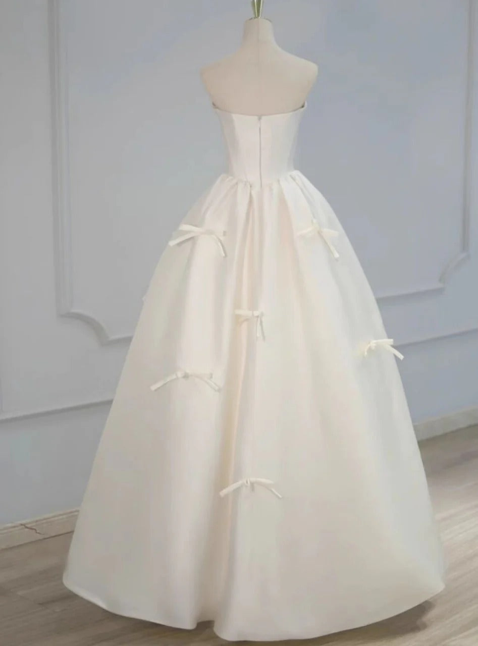 Ivory Satin Strapless Bow Ball Gown – Sweetheart Corset A-Line Formal Wedding Prom Dress