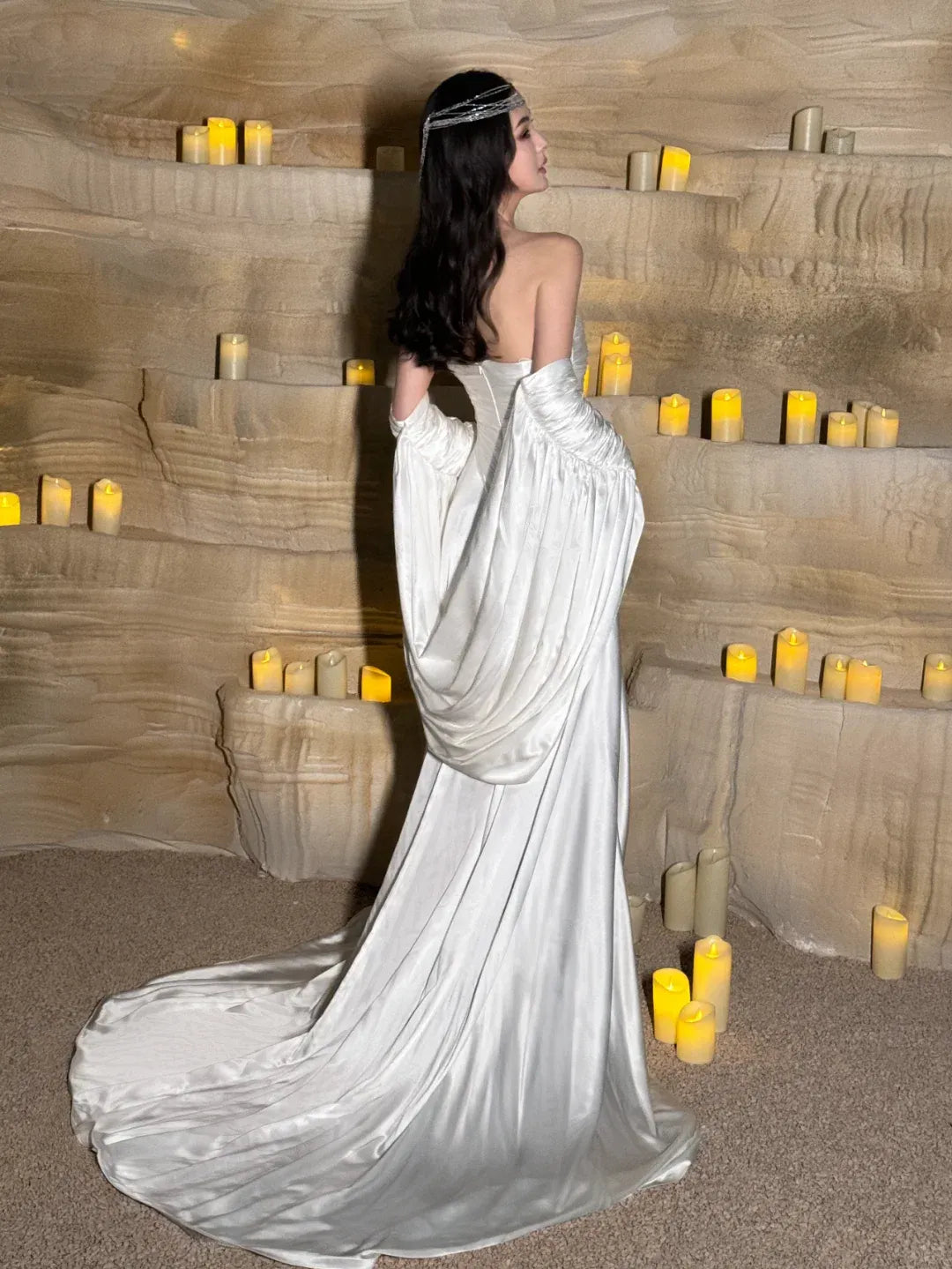 Ivory Satin Strapless Gown – Detachable Ruched Sleeves High Slit Formal Dress with Train
