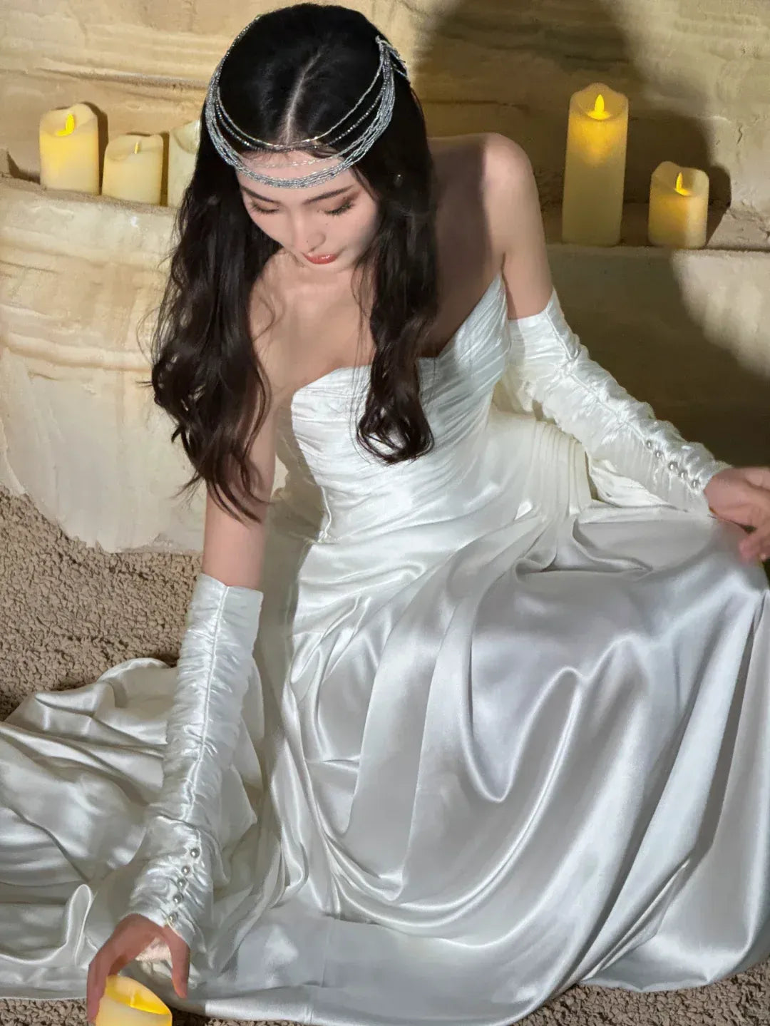 Ivory Satin Strapless Gown – Detachable Ruched Sleeves High Slit Formal Dress with Train