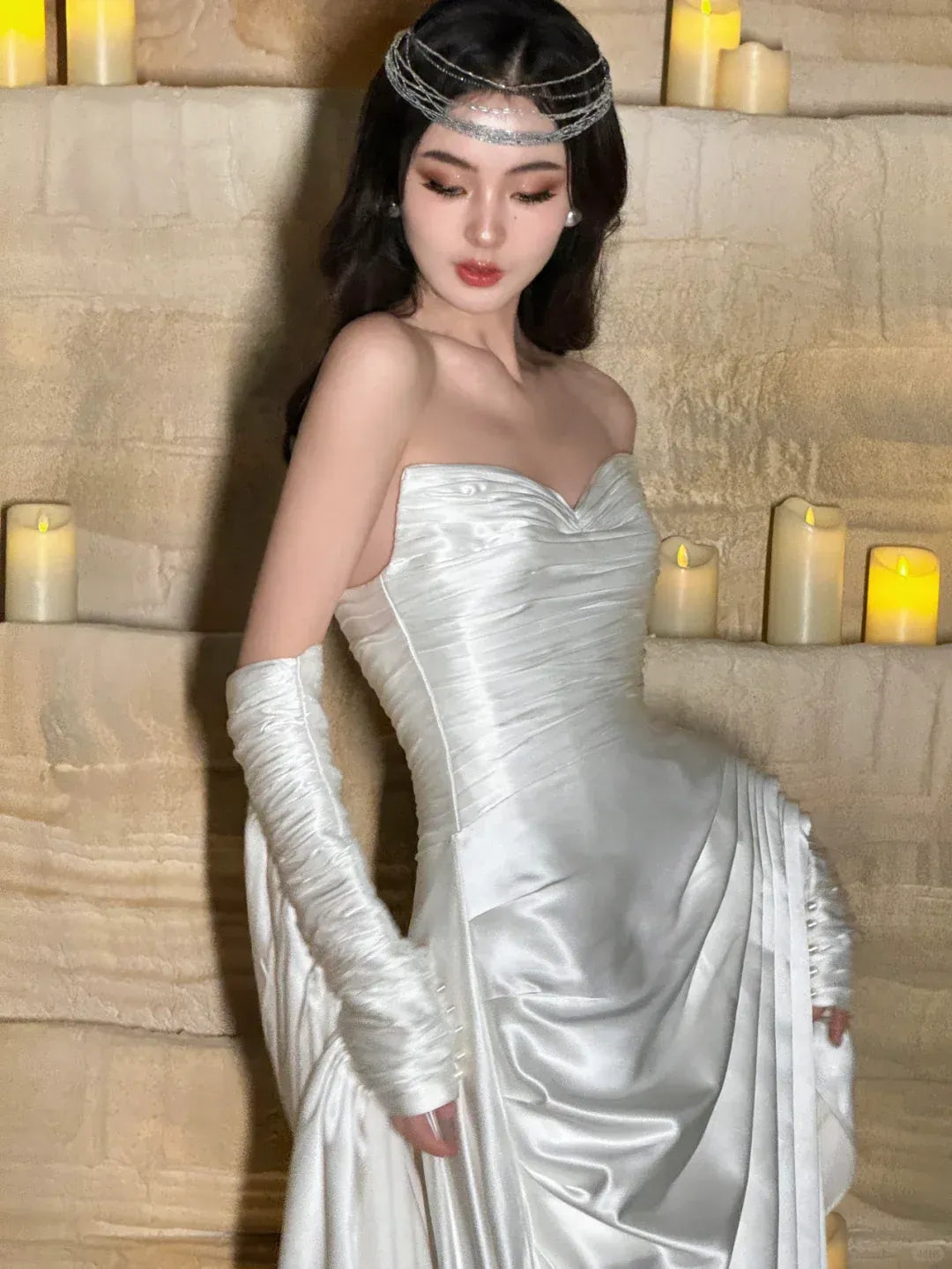 Ivory Satin Strapless Gown – Detachable Ruched Sleeves High Slit Formal Dress with Train