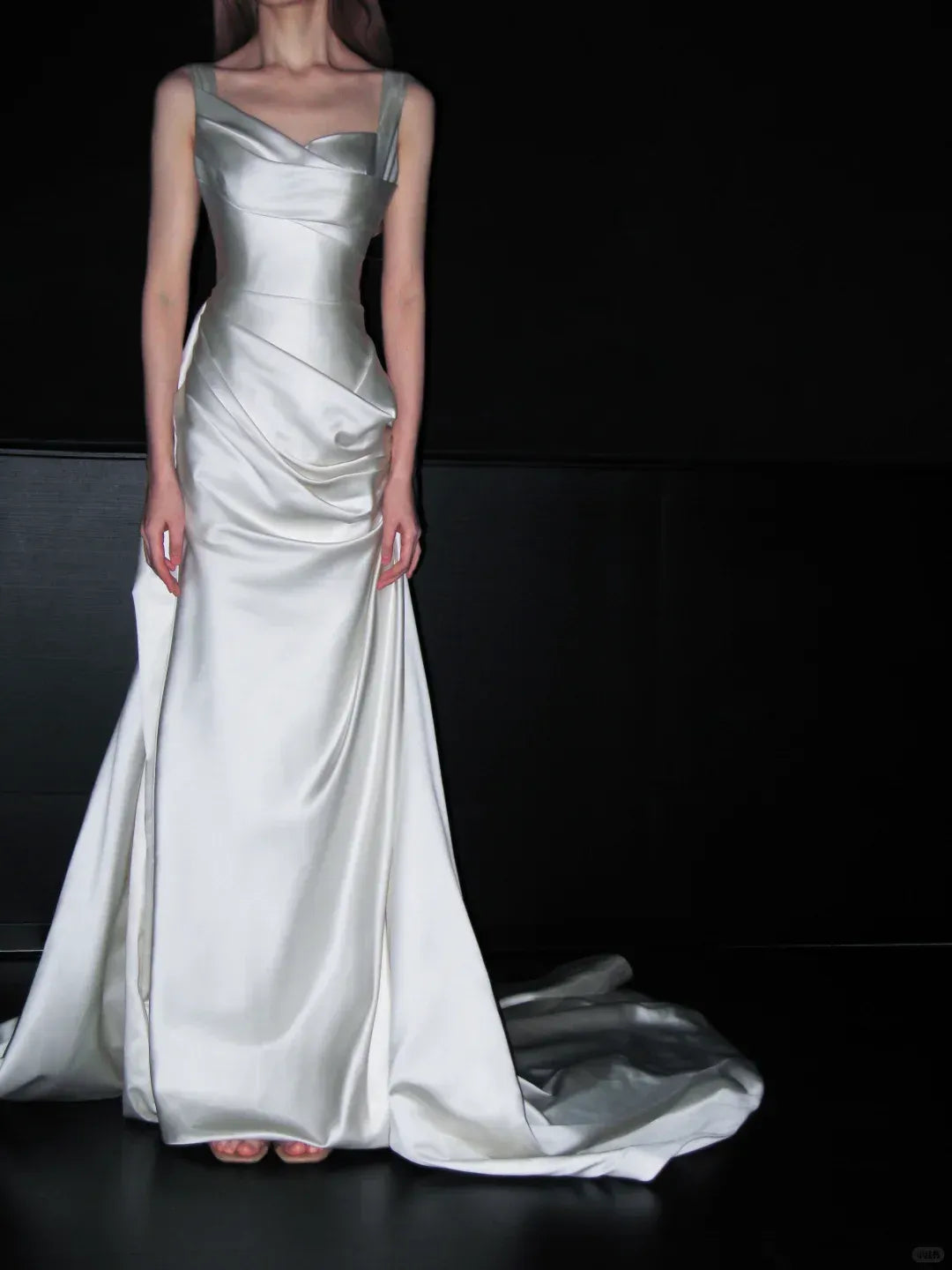 Ivory Satin Structured Bridal Gown – Asymmetrical Neck Column Dress with Draped Train