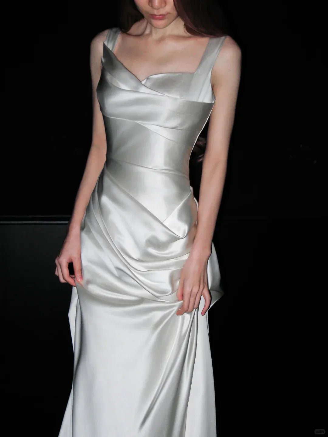 Ivory Satin Structured Bridal Gown – Asymmetrical Neck Column Dress with Draped Train