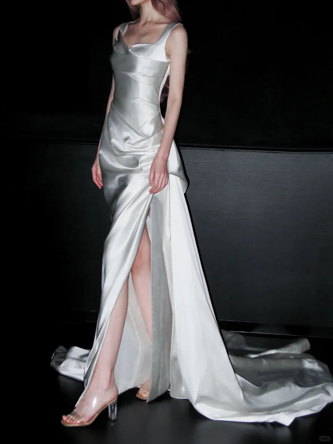 Ivory Satin Structured Bridal Gown – Asymmetrical Neck Column Dress with Draped Train