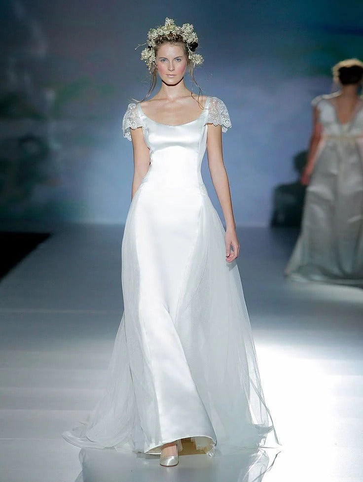 Ivory Satin Tulle Cap Sleeve Wedding Gown – A-Line Lace Trim Bridal Dress
