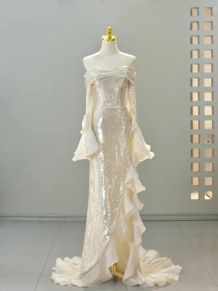 Ivory Sequin Off-the-Shoulder Ruffle Mermaid Gown