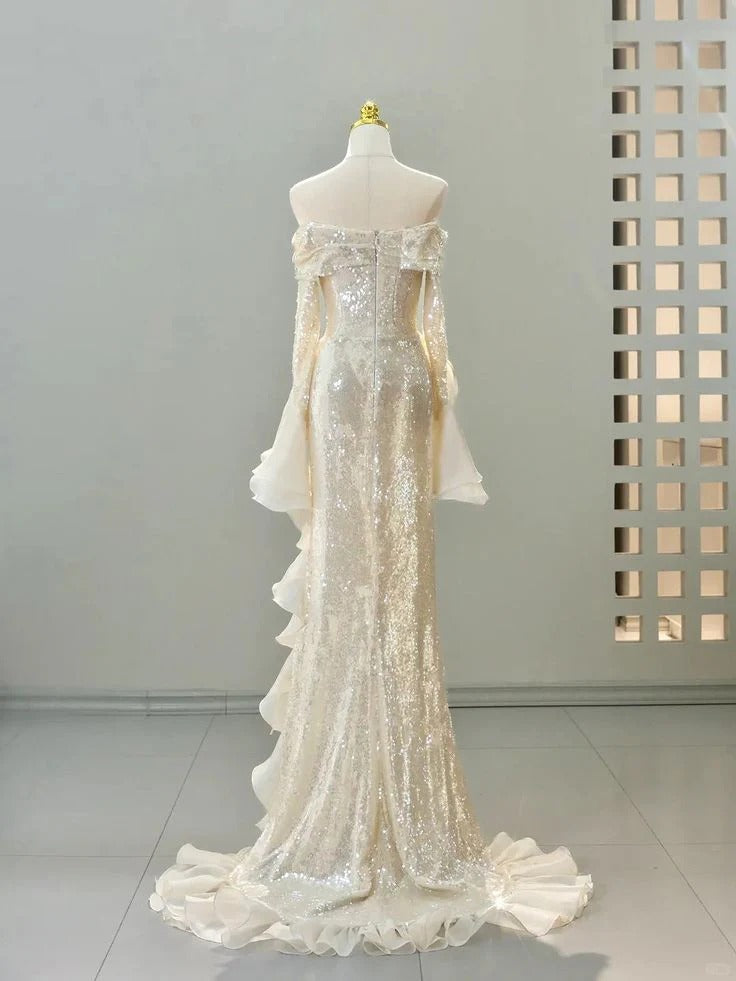 Ivory Sequin Off-the-Shoulder Ruffle Mermaid Gown
