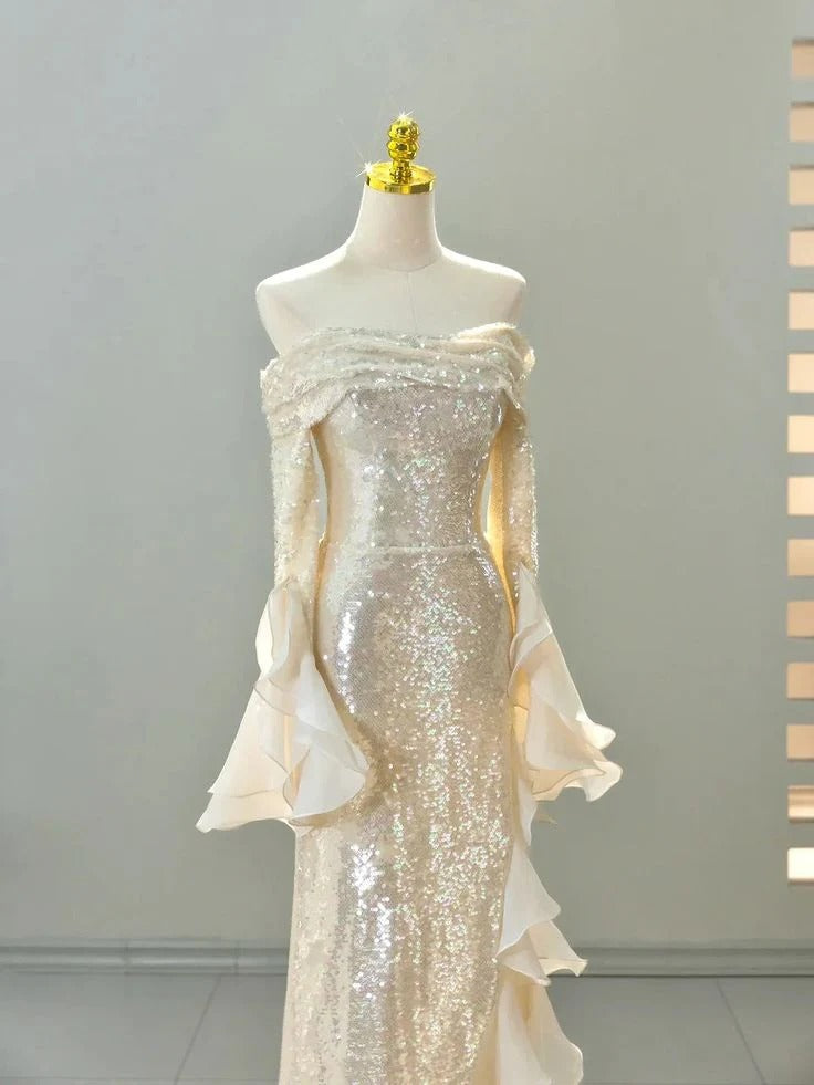 Ivory Sequin Off-the-Shoulder Ruffle Mermaid Gown