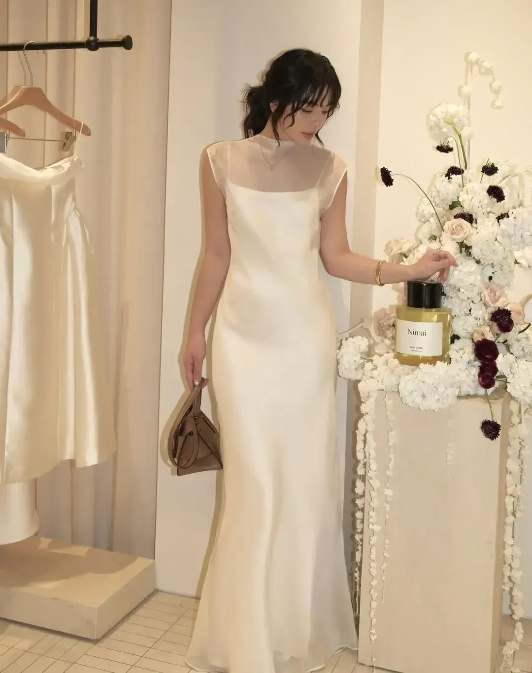 Ivory Sheer Neck Satin Maxi Dress – Cap Sleeve Deep V-Back Bridal Gown