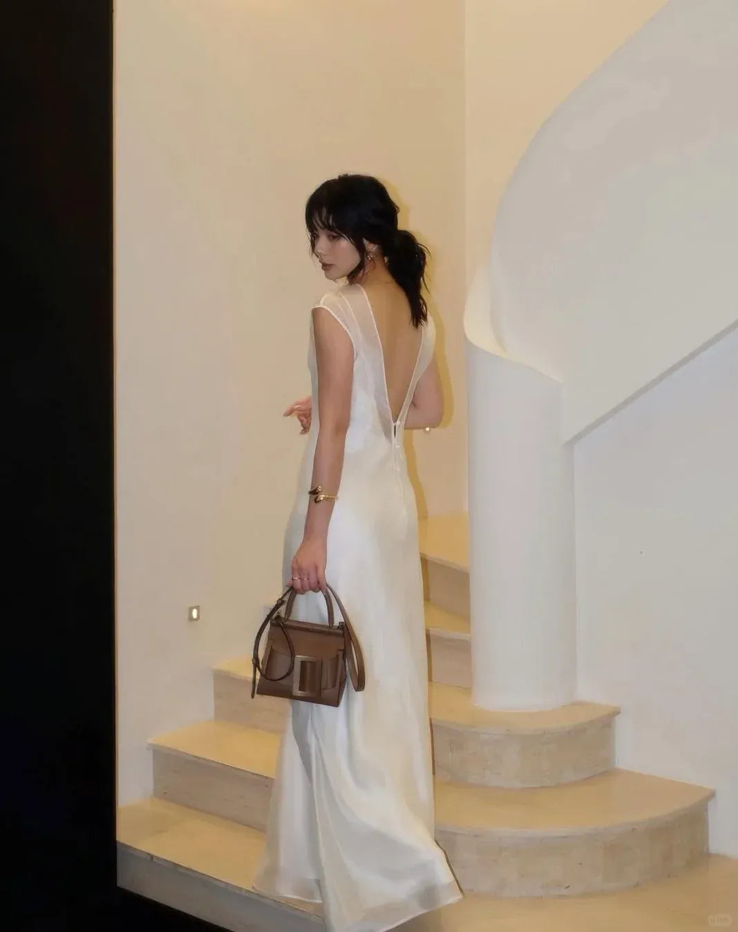 Ivory Sheer Neck Satin Maxi Dress – Cap Sleeve Deep V-Back Bridal Gown