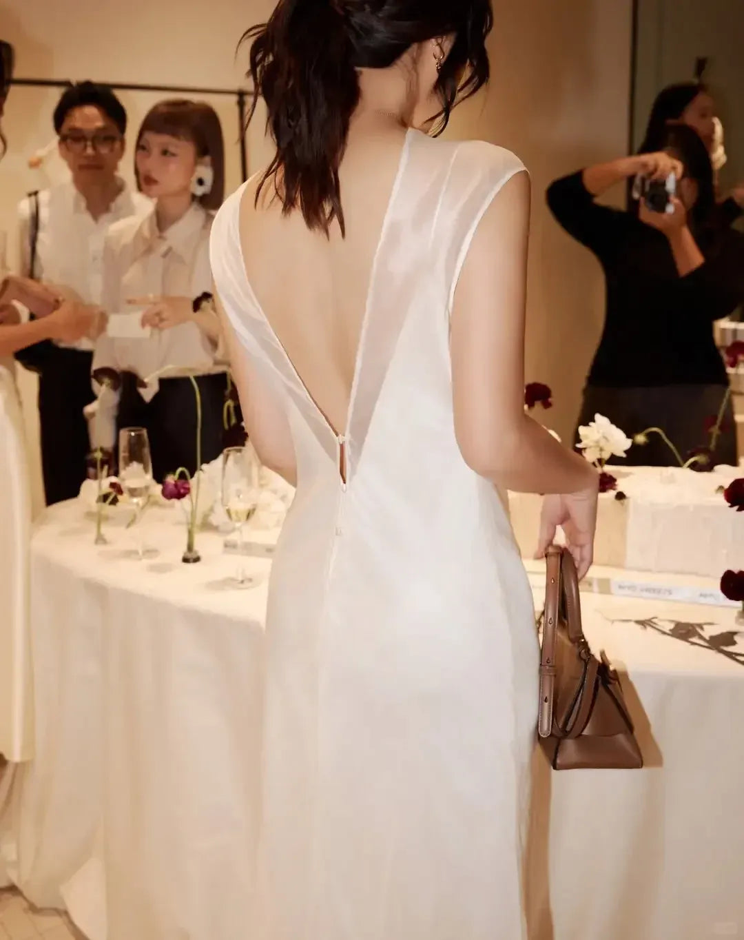 Ivory Sheer Neck Satin Maxi Dress – Cap Sleeve Deep V-Back Bridal Gown