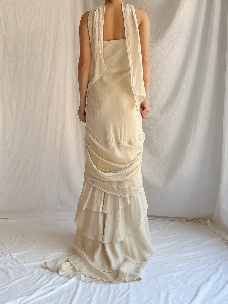 Ivory Silk Halter Ruched Ruffled Mermaid Gown with Train – Wedding Evening Dress