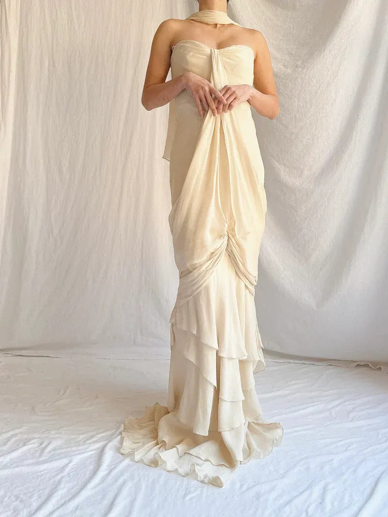 Ivory Silk Halter Ruched Ruffled Mermaid Gown with Train – Wedding Evening Dress