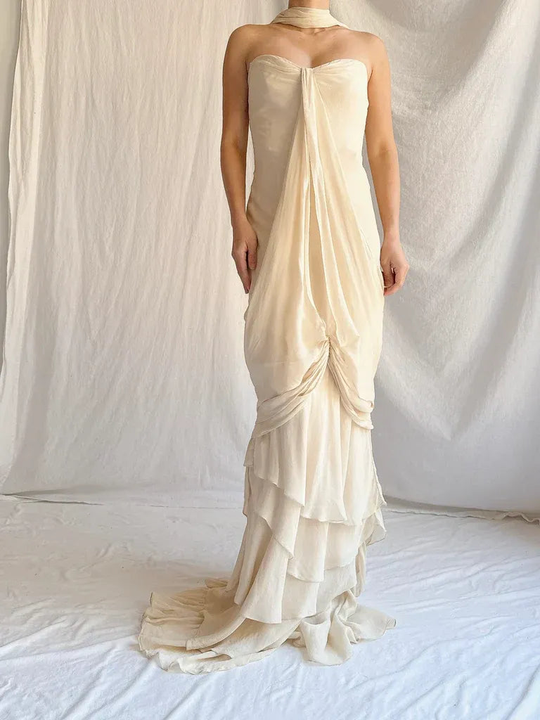 Ivory Silk Halter Ruched Ruffled Mermaid Gown with Train – Wedding Evening Dress