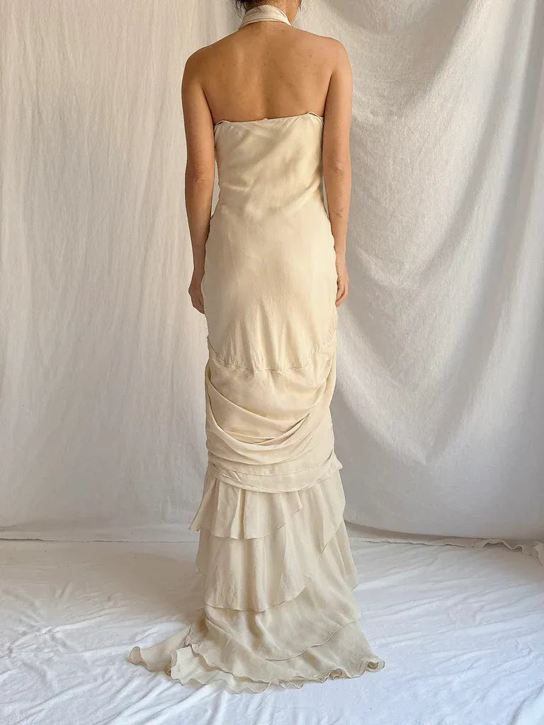 Ivory Silk Halter Ruched Ruffled Mermaid Gown with Train – Wedding Evening Dress