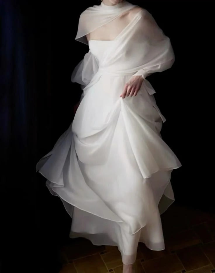 Ivory Silk Strapless Gown with Sheer Tulle Cape – Minimalist Wedding Evening Dress
