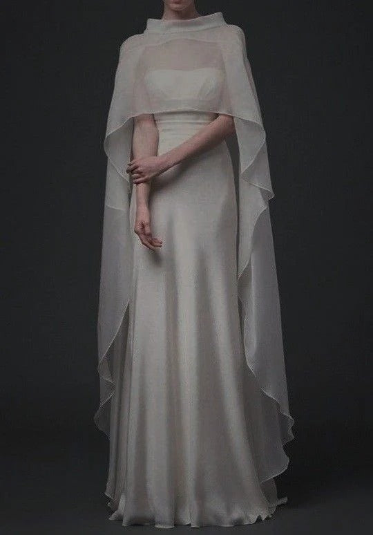 Ivory Silk Strapless Gown with Sheer Tulle Cape – Minimalist Wedding Evening Dress