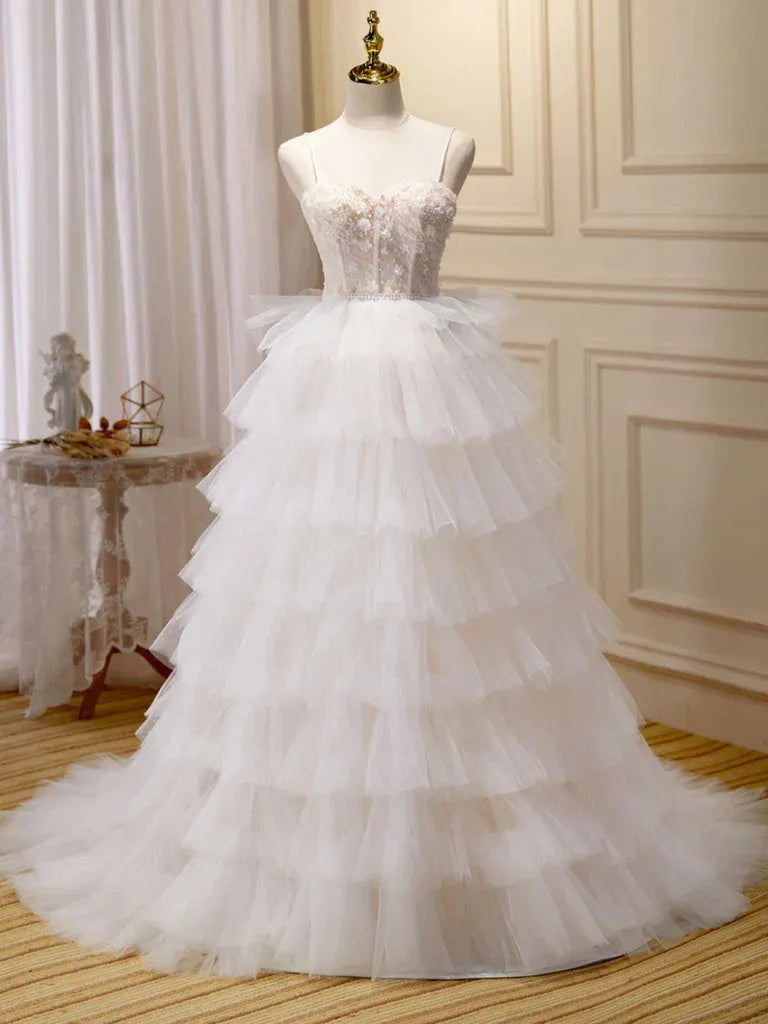 Ivory Spaghetti-Strap Beaded Tiered Tulle Ball Gown Wedding Dress with Lace-Up Back