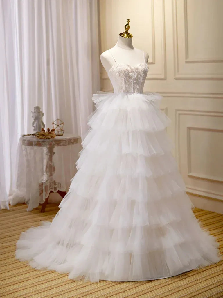 Ivory Spaghetti-Strap Beaded Tiered Tulle Ball Gown Wedding Dress with Lace-Up Back
