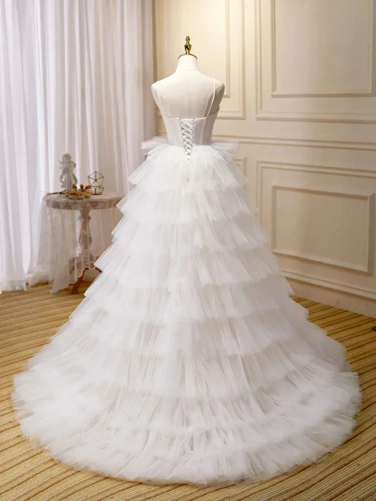 Ivory Spaghetti-Strap Beaded Tiered Tulle Ball Gown Wedding Dress with Lace-Up Back