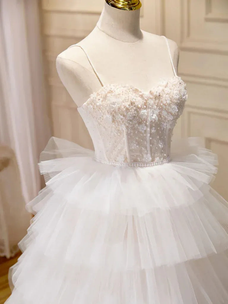 Ivory Spaghetti-Strap Beaded Tiered Tulle Ball Gown Wedding Dress with Lace-Up Back