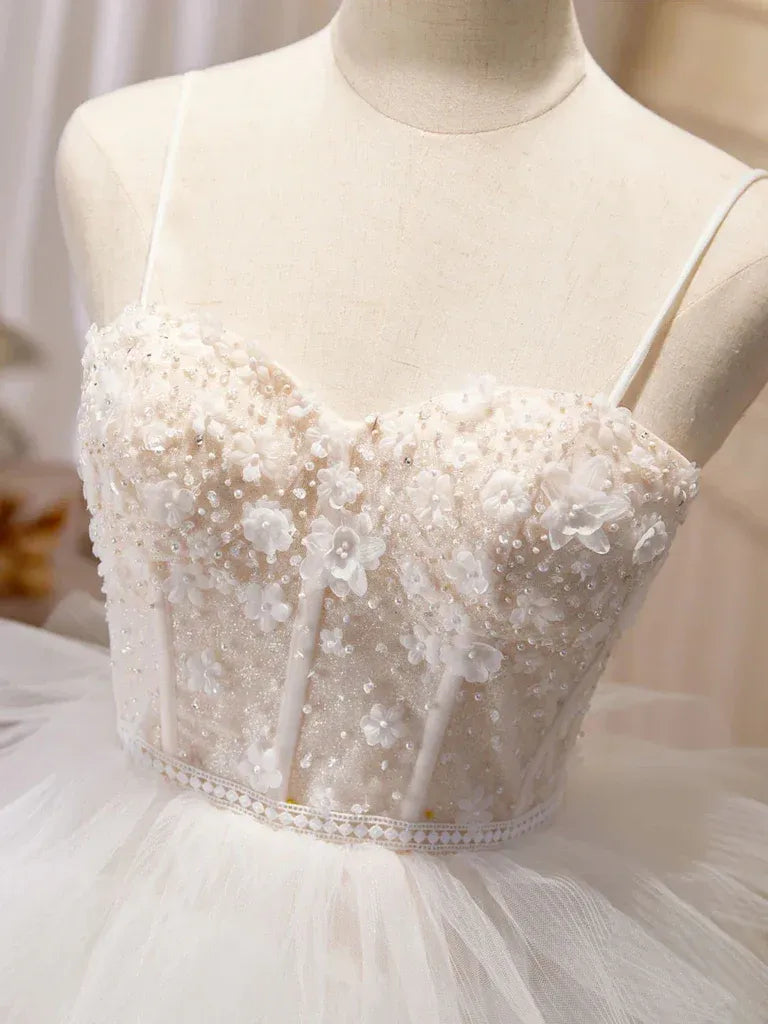 Ivory Spaghetti-Strap Beaded Tiered Tulle Ball Gown Wedding Dress with Lace-Up Back