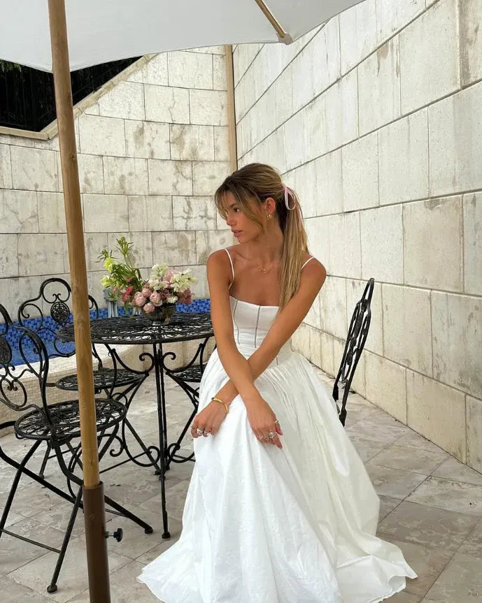 Ivory Spaghetti Strap Square Neck Corset Linen-Blend Maxi Gown