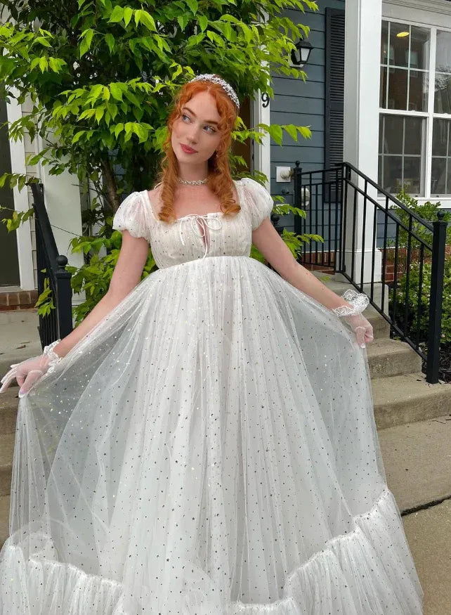 Ivory Sparkle Tulle Puff Sleeve Princess Gown – Wedding Prom Evening Dress