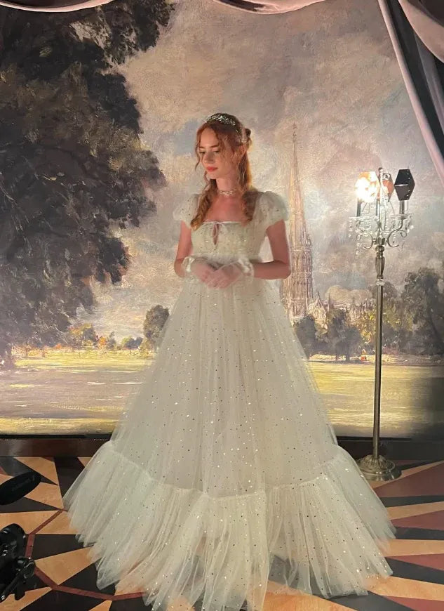 Ivory Sparkle Tulle Puff Sleeve Princess Gown – Wedding Prom Evening Dress