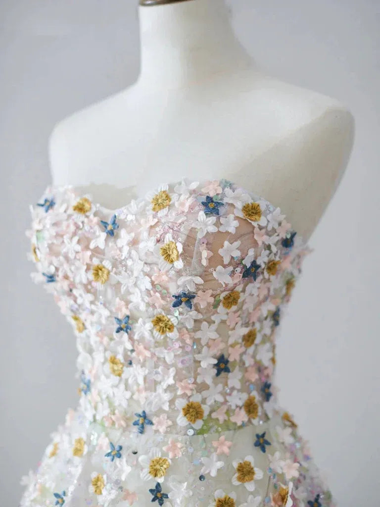 Ivory Strapless 3D Floral Embroidered Glitter Tulle A-Line Maxi Dress with Lace-Up Back