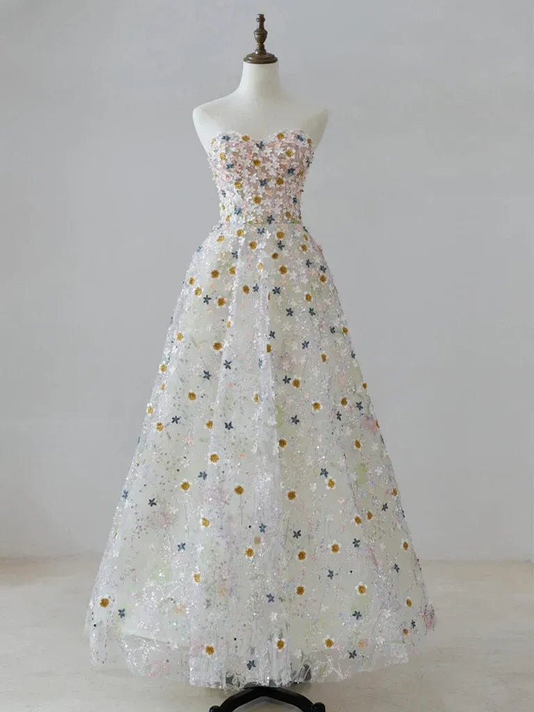 Ivory Strapless 3D Floral Embroidered Glitter Tulle A-Line Maxi Dress with Lace-Up Back