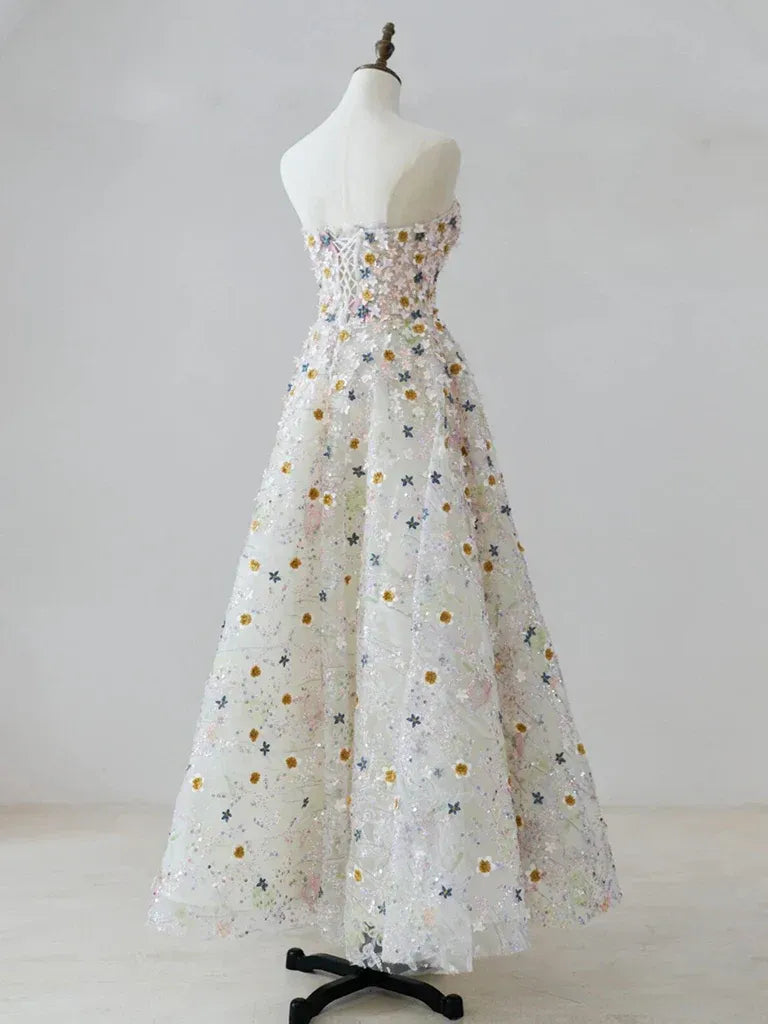 Ivory Strapless 3D Floral Embroidered Glitter Tulle A-Line Maxi Dress with Lace-Up Back