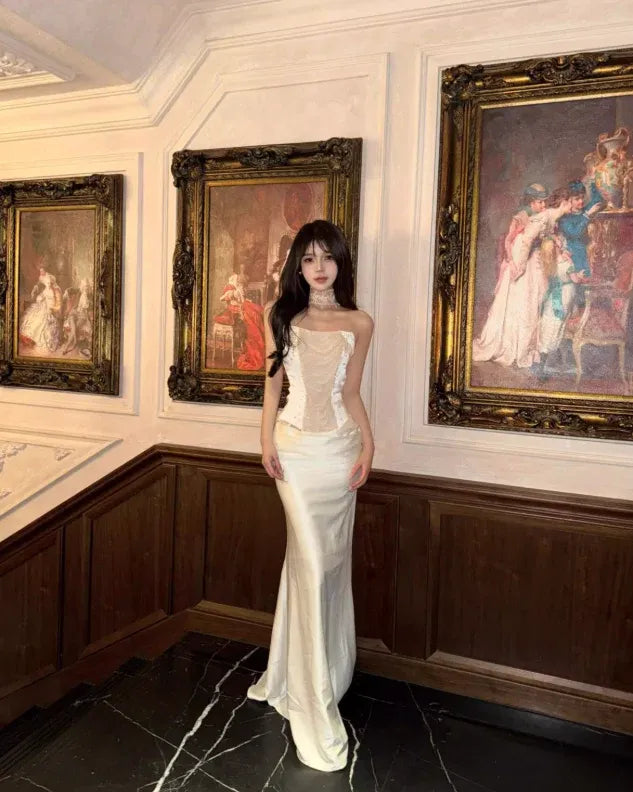 Ivory Strapless Beaded Mermaid Gown – Wedding Prom Evening Dress