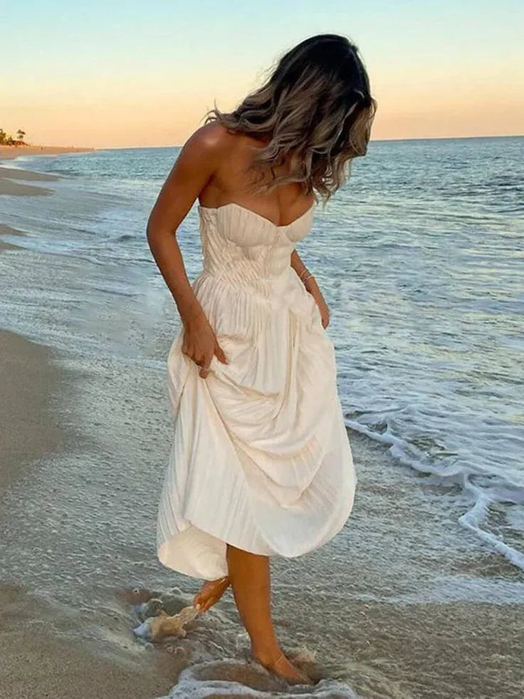 Ivory Strapless Pleated Maxi Wedding Dress – Corset Bodice Beach Bridal Gown