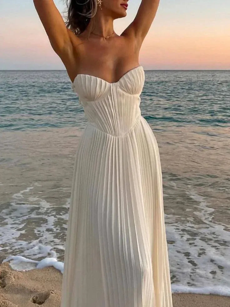 Ivory Strapless Pleated Maxi Wedding Dress – Corset Bodice Beach Bridal Gown