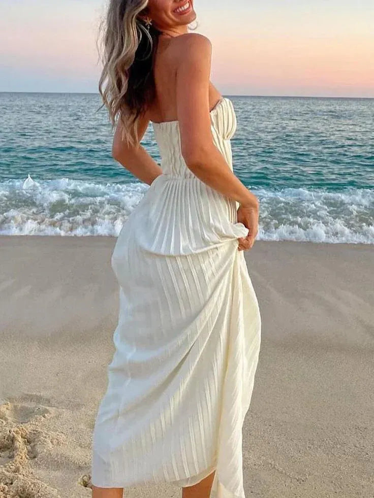 Ivory Strapless Pleated Maxi Wedding Dress – Corset Bodice Beach Bridal Gown