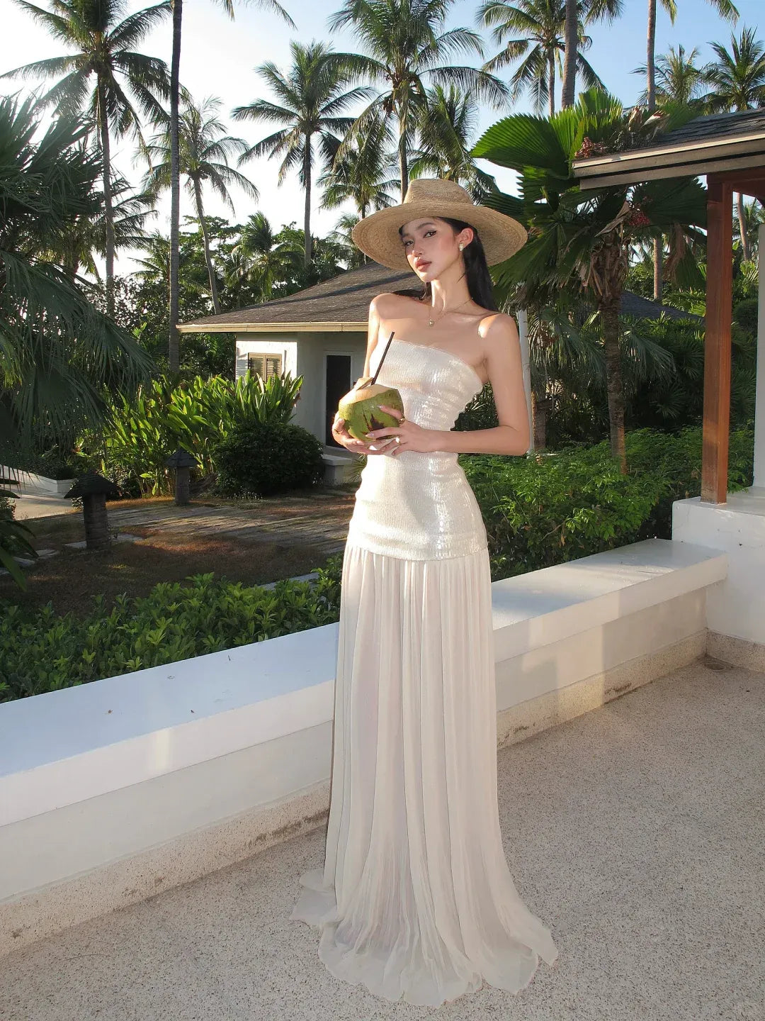 Ivory Strapless Sequin Chiffon Two-Piece Maxi Gown