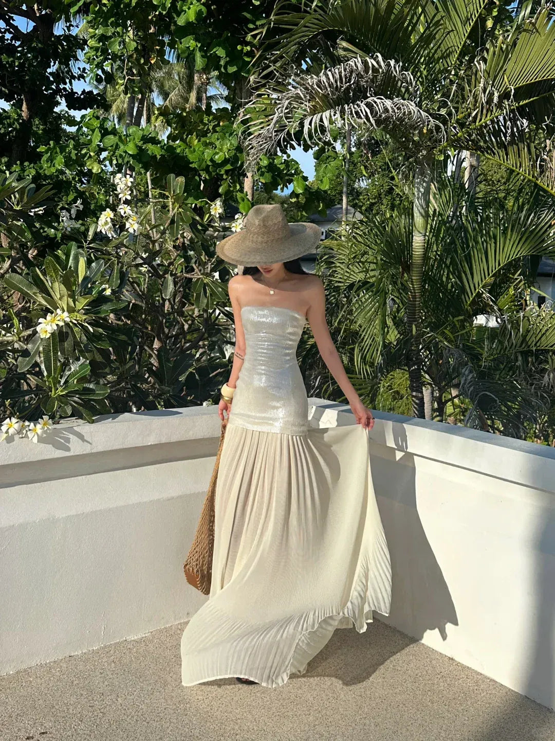 Ivory Strapless Sequin Chiffon Two-Piece Maxi Gown