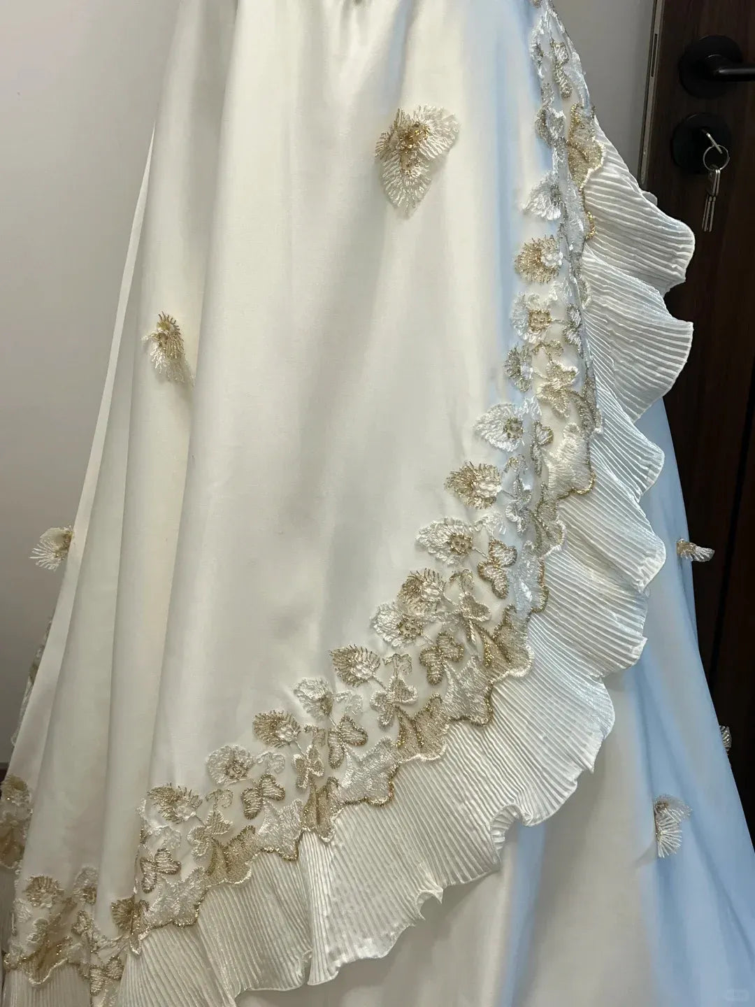 Ivory Strapless Sweetheart Neckline Gold Lace Applique Satin Gown with Ruffled Tulle Panels