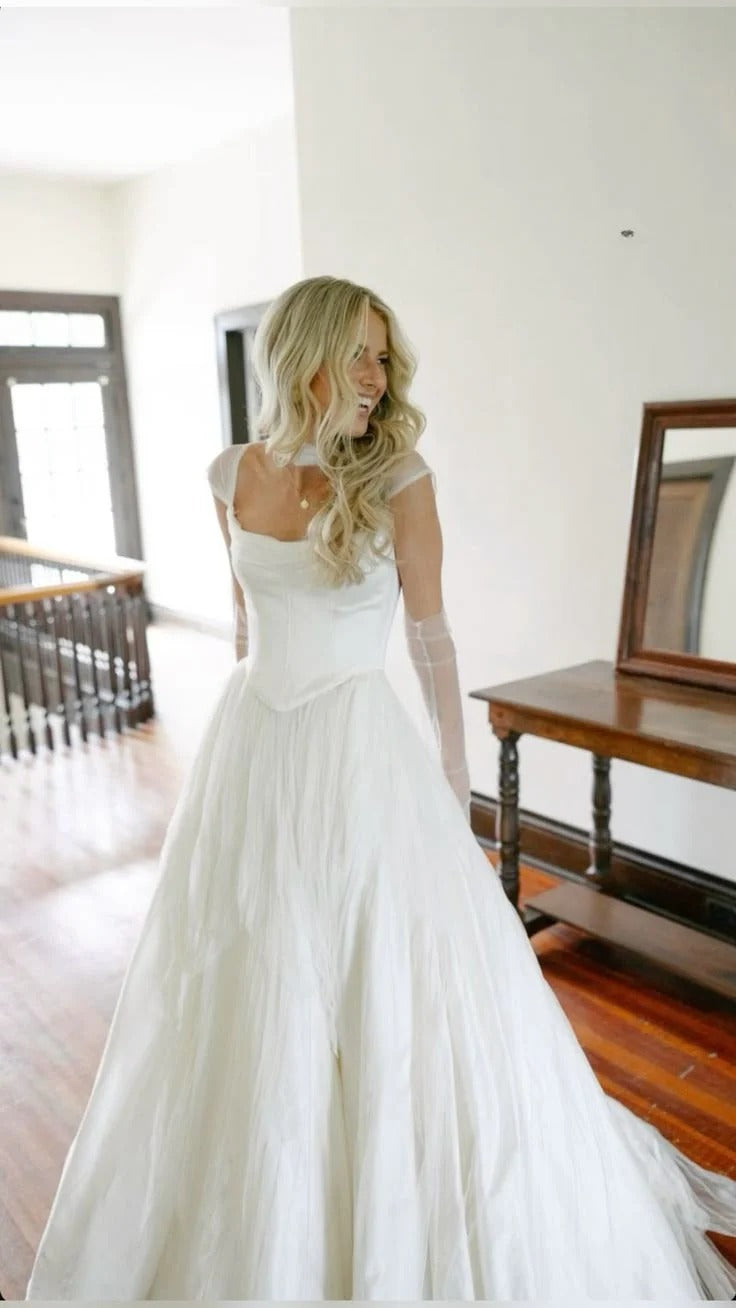 Ivory Tulle A-Line Wedding Dress – Cap Sleeve Cowl Neck Bridal Gown with Train